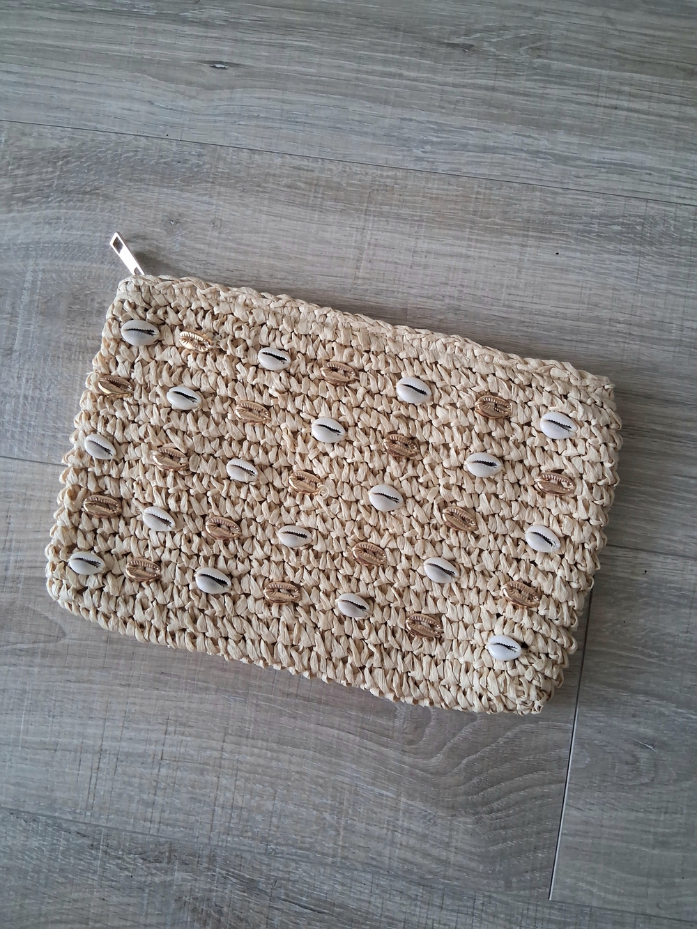 Woven Straw Cowrie Shell Embellished Clutch